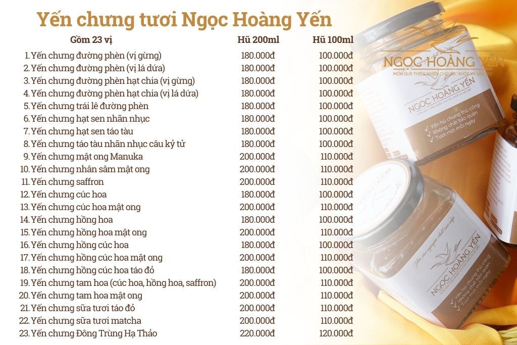 Menu yến hũ chưng tươi Ngọc Hoàng Yến